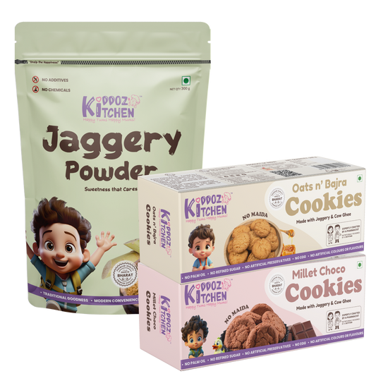 Jaggerry Powder, Oats n’ Bajra & Millet Choco Cookies Combo Pack – 500g (300g + 2x100g)