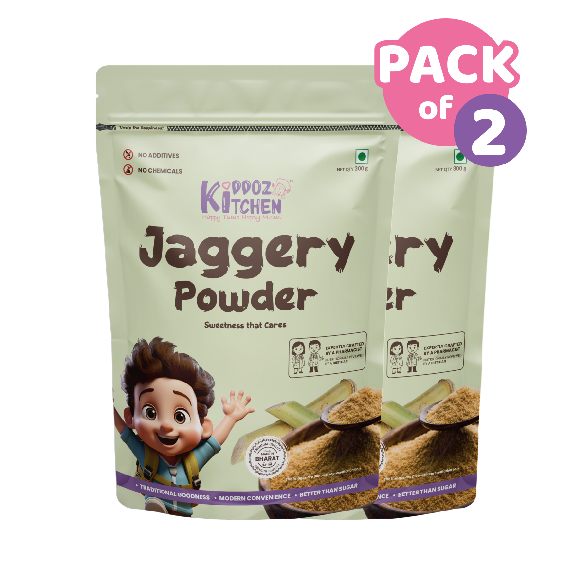 Kiddoz Kitchen Jaggery Powder – Natural Sweetener | Made from Pure Sugarcane | No Chemicals | Unrefined & Wholesome – Pack of 2 - 600g (2x300g)