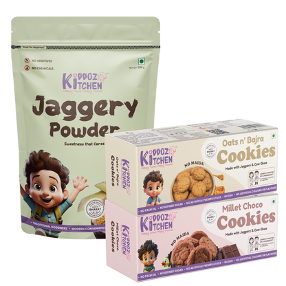 Jaggerry Powder, Oats n’ Bajra & Millet Choco Cookies Combo Pack – 500g (300g + 2x100g)