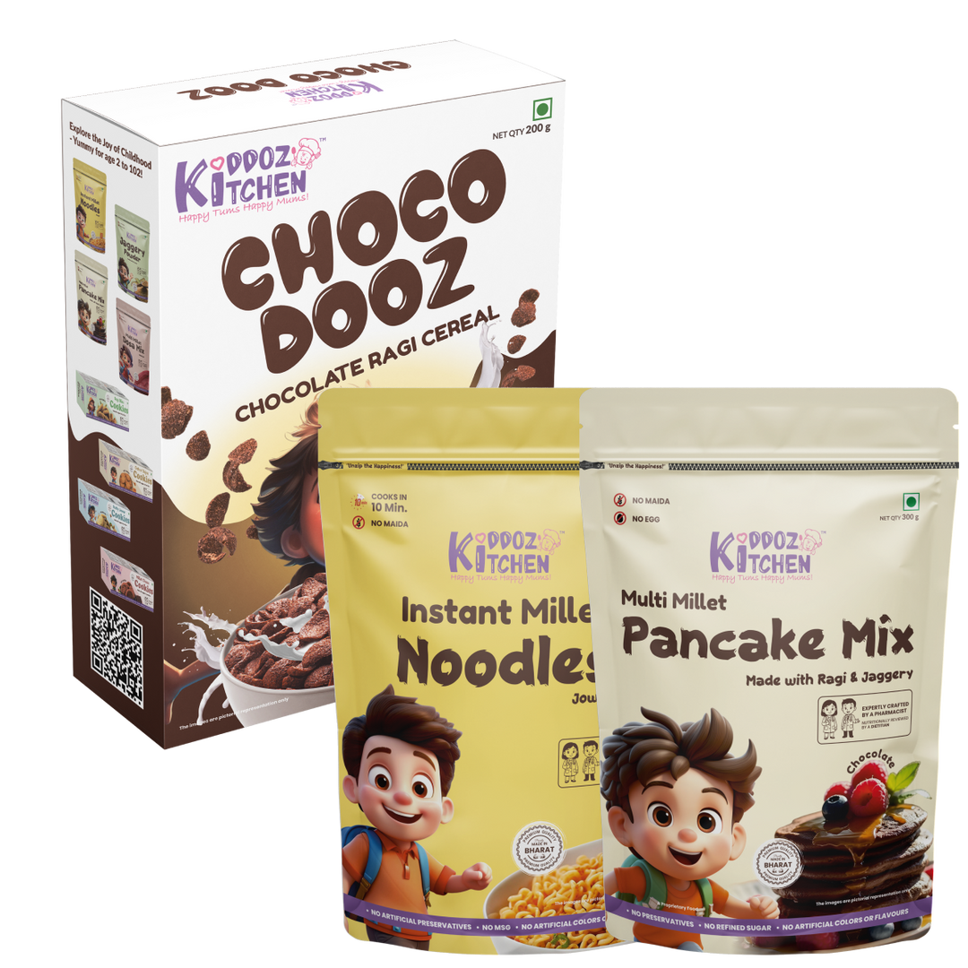Instant Millet Noodles & Millet Pancake Mix & Ragi Choco Dooz (Ragi Cereal)– 620g (120g + 300g + 200g)