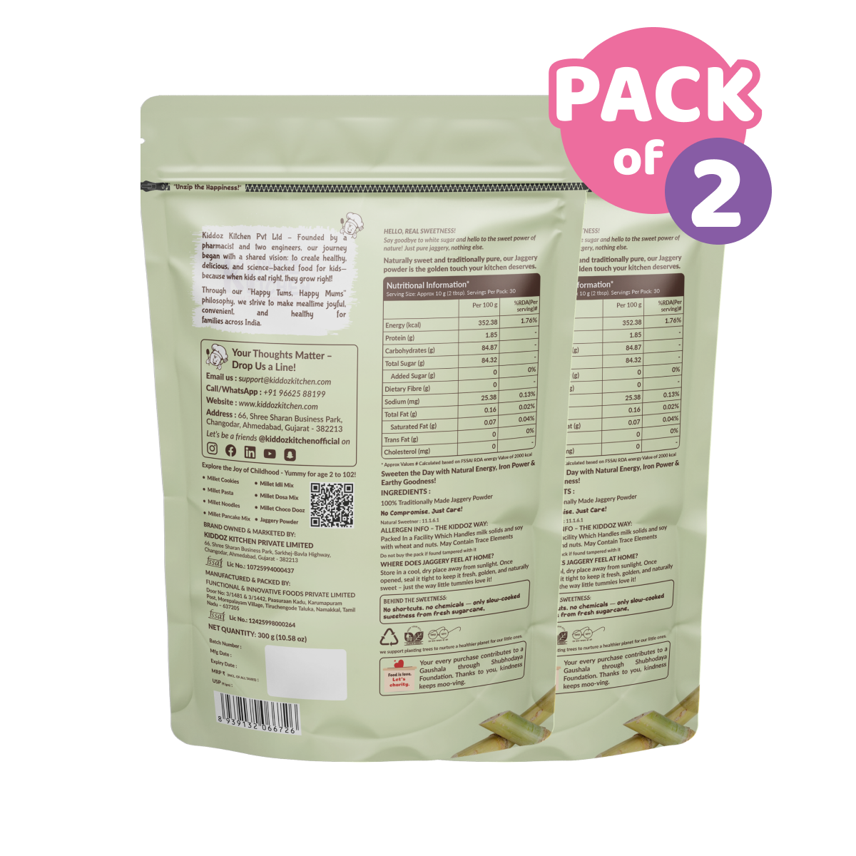 Kiddoz Kitchen Jaggery Powder – Natural Sweetener | Made from Pure Sugarcane | No Chemicals | Unrefined & Wholesome – Pack of 2 - 600g (2x300g)