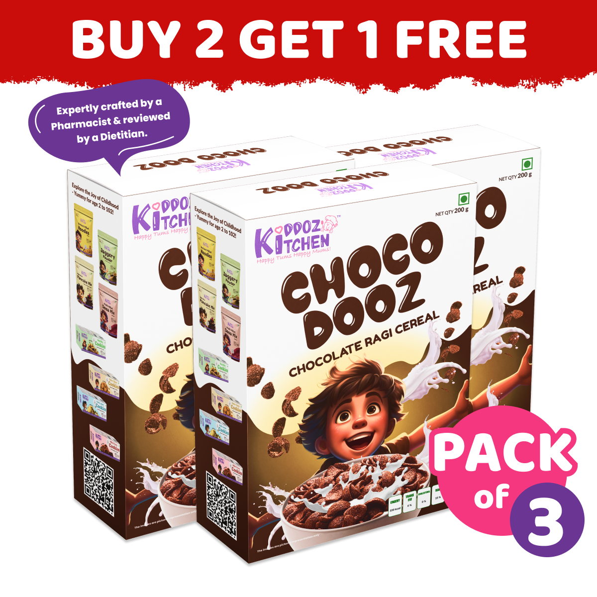 Ragi Choco Dooz – Chocolate Ragi Cereal – Buy 2 Get 1 FREE | Limited Stock Clearance (Pack of 3 - 600g (3x200g))