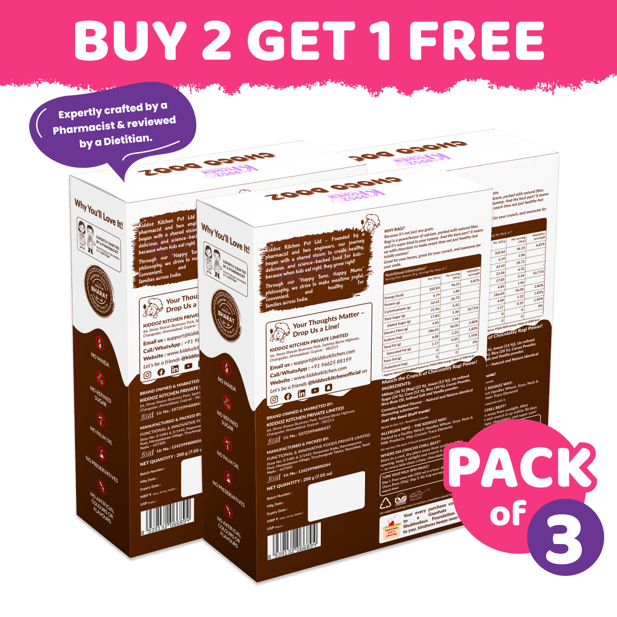 Ragi Choco Dooz – Chocolate Ragi Cereal – Buy 2 Get 1 FREE | Limited Stock Clearance (Pack of 3 - 600g (3x200g))